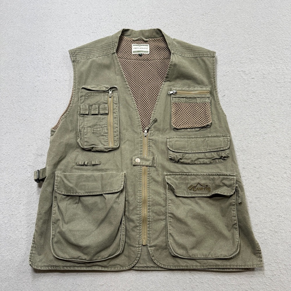 Vintage Pro Cam-Fis Fishing Vest Men's L Olive Green Mesh Lined Utility Outdoor